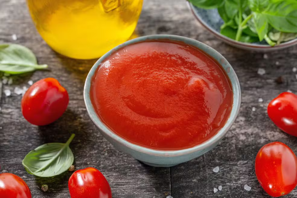 saboroso-molho-de-tomate-fresco-em-uma-tigela-pequena-com-ingredientes-para-cozinhar-em-fundo-de-madeira-velho-fechar-se